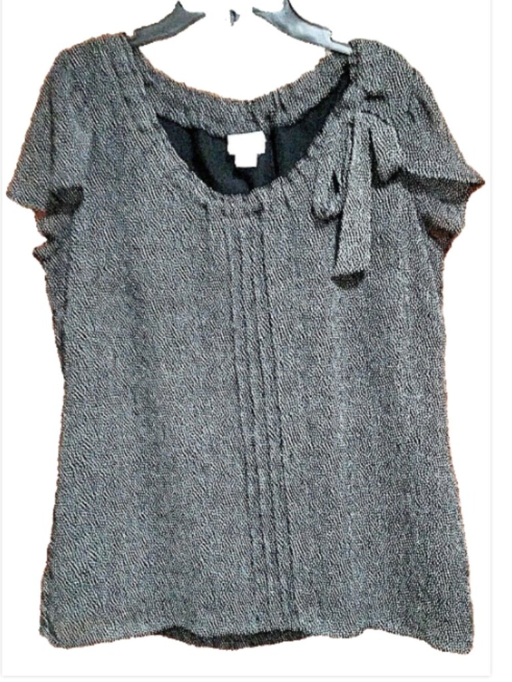 Jaclyn Smith Pullover Top Black Tweed Look Print Chiffon Overlay Petal Sleeves L